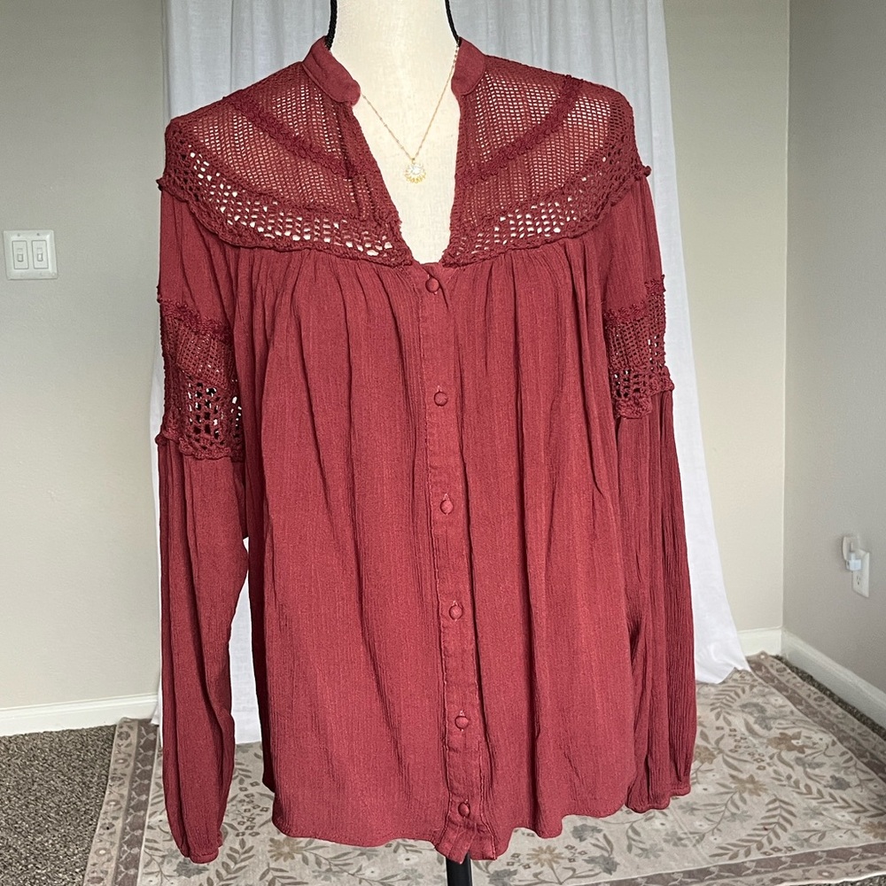 100% Cotton Crochet Lace Yoke Oversized Blouse Boho Cottagecore Peasant Top M